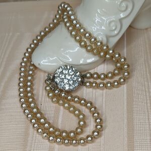 Vintage 60s Pearl Chocker Double Strand Rhinestone Box Closure Bridal Wedding
